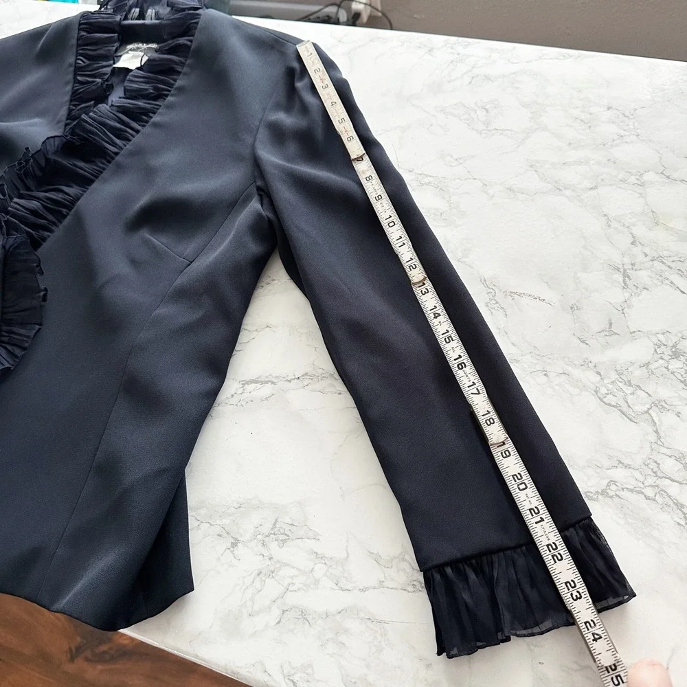 Sunny Choi Silk Ruffle Trim Long Sleeve Solid Navy Blue Jacket Women's Size 14